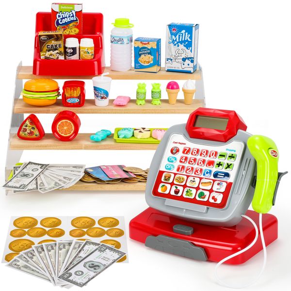 Cash Register for Kids Learning Toys - Pretend Play Calculator Register Toys with Microphone, Conveyors, Play Money, Scanner, Credit Card, Cans,Drink, for 3+ Toddler Develops Early Math Skills