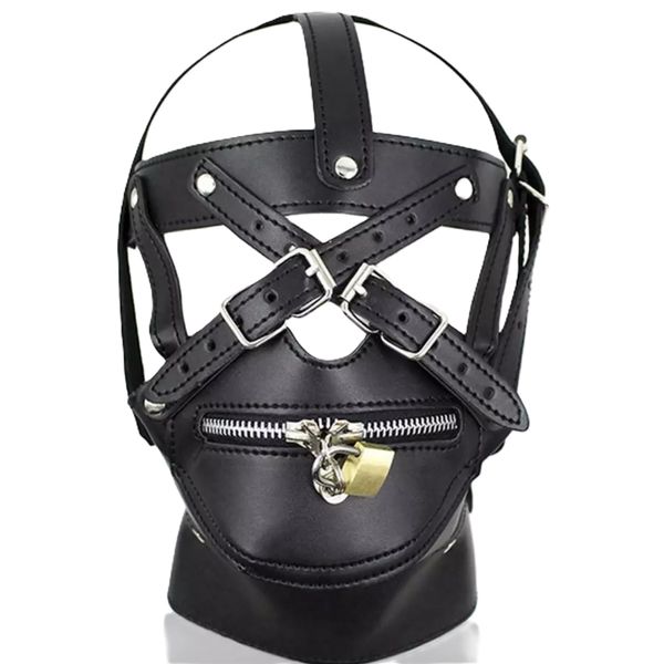 Leather Muzzle Mask with Lockable Zipper and Adjustable Straps, Black
