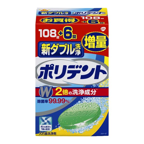 Polident New Double Cleaning Denture Cleaner, 108 Tablets + 6 Tablets, Extra Size, 99.99% Disinfecting