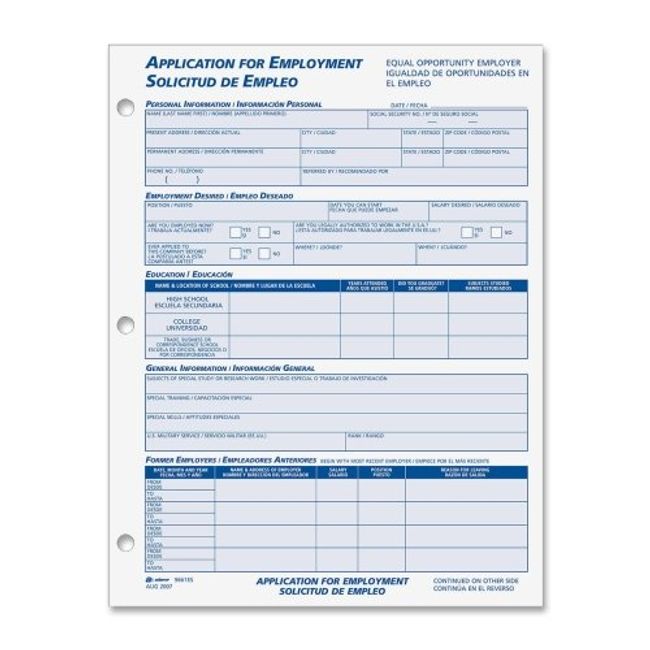 Adams 9661ES Bilingual Employee Application, 2 per PK