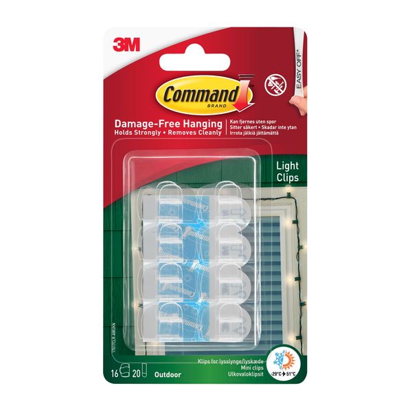 Command Outdoor Decorating Light Clips - 16 Mini Hooks and 20 Small Adhesive Strips,Transparent - Clips for Hanging Decorations and Fairy Lights Outdoors - Damage Free Hanging