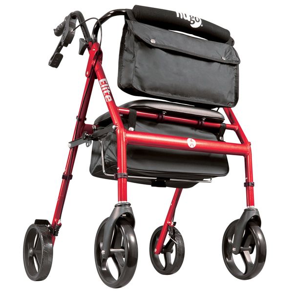 Hugo Mobility 700-961 Foldable Rollator Walker with Seat and Saddle Bag, Red