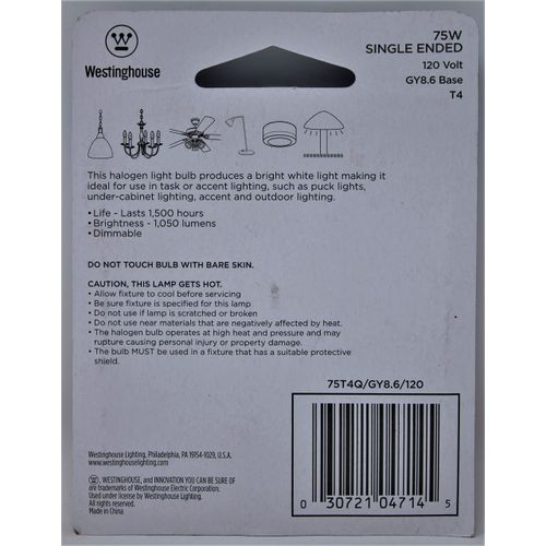 Westinghouse 0471400, 75W T4, GY8.6 Base Clear 1500 Hr 1050Lm 120V Halogen Light Bulb, 6-Pack6