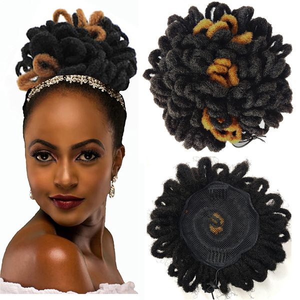 DreadLock Bun Afro High Puff Drawstring Ponytail Synthetic Faux Locs Hair Bun Pony Tail Hairpieces Clip In Hair Extentions for Black Women (1B/27#)
