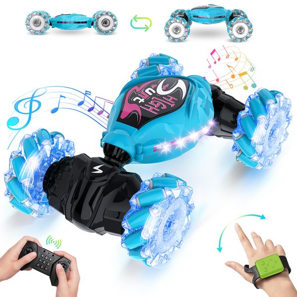 OSIMILY Remote Control Car,2.4GHz LED Gesture Sensing RC Stunt Car,4WD Double Sided Rotation RC Car with Lights and Music,All Terrain Rotation Drift Car Birthday Gifts for Boys Girls (Blue)