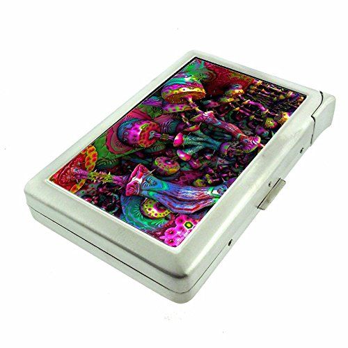 Cigarette Case with Built in Lighter Vintage Psychedelic Trippy S9 Smoking King Size Cigarettes Silver Metal Wallet 4" X 2.75" RFID Protection Weird Strange