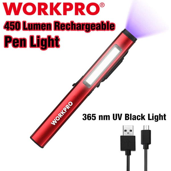 WORKPRO USB Rechargable LED Flashlight UV Black Light 450 Lumen Pocket Pen Light