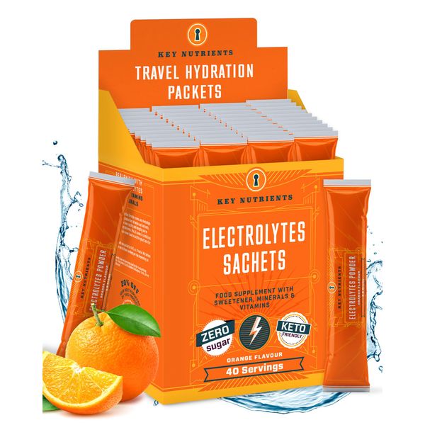 Key Nutrients Electrolytes Sachets - Multivitamin & Minerals Electrolytes Powder - 40 Servings of Tangy Orange - Hydration Sachets - Supercharged Rehydration Sachets with 16 Vitamins & Minerals