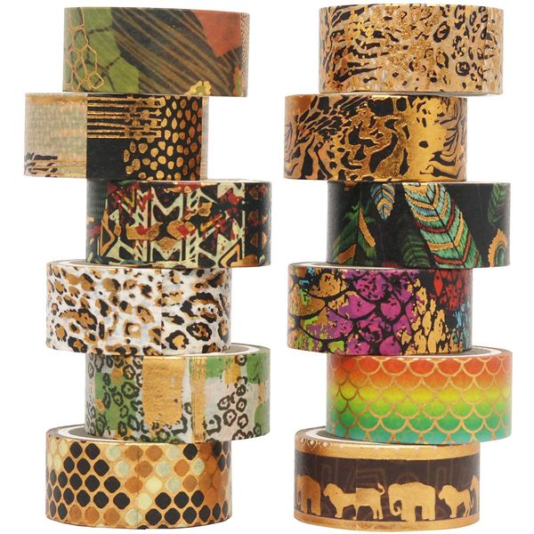 YUBX Gold Wildnis Washi Tape Set 12 Rollen Masking Tape Folie Dekoband klebeband bunt für DIY Handwerk Bullet Journals Planer Scrapbooking Verpackung (Wilderness 12)