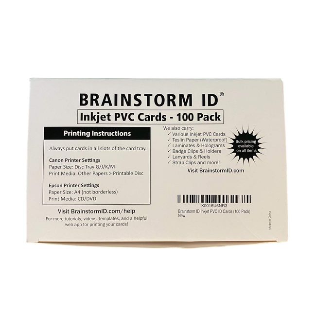 Inkjet PVC Cards (100 Pack) - Inkjet Printable PVC ID Cards with Brainstorm ID's Enhanced Ink Receptive Coating - Waterproof and Double Sided Printing - Works with Epson and Canon Inkjet Printers