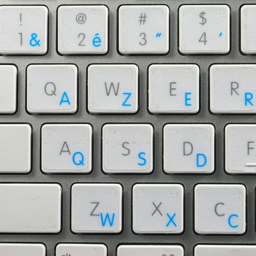 French AZERTY Keyboard Sticker with Blue Lettering ON Transparent Background is Compatible with Apple