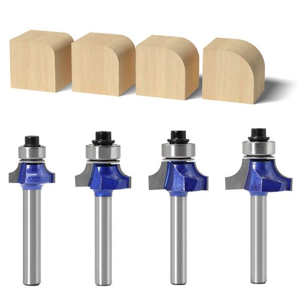 Wolfride Set of 4 Industrial Quality Round Bit Trimmer Bit Router Bit Bearing Chamfer 1/4" Shank Milling Cutter Tungsten Steel Carbide Blade Trimmer Replacement Blade for Carpentry Cutting Tool 6.35mm