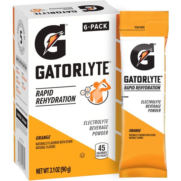 Gatorlyte Rapid Rehydration Electrolyte Powder Drink Mix, Orange, (6 Pack), Lower Sugar, Specialized Blend of 5 Elecrolytes, No Artificial Sweeteners or Flavors