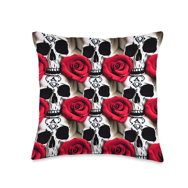 Gothic Floral Skull Rose Throw Pillow