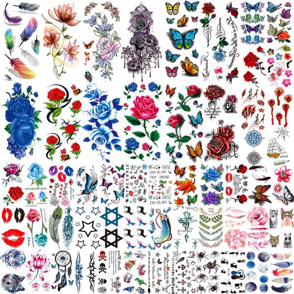 COKTAK 56 Blätter Bunt Rose Blume Temporäre Tattoos Frauen, Feder 3D Fake Tattoos Temporär Mädchen, Damen Temporary Tattoos Blumen Hals Gesicht Tatoo Sticker Kit, Tattoos Zum Aufkleben Auf Die Haut