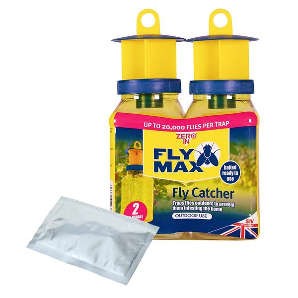 Zero In Fly Max Re-Usable Fly Catcher – Twinpack Effective Fly Trap, Refillable Insect Attractant for Outdoor Use Covers up to 10m Radius, Yellow