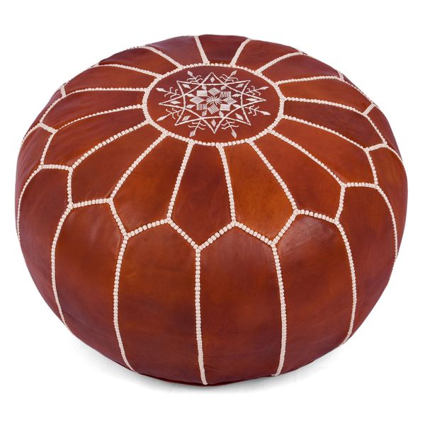 Marrakesh Gallery Genuine Leather Round Pouf Unstuffed - Moroccan Ottoman Footstool, Footrest Cover - Boho Decor - Bohemian Living Room, Bedroom, Kids Room, Gift & Wedding