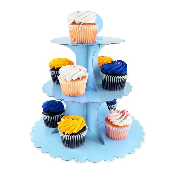 Super Z Outlet 3 Tier Cupcake Cardboard Stand with Blank Canvas Design for Pastry Servings Platter, Birthdays, Dessert Tower Decorations (1 Stand) (Blue)