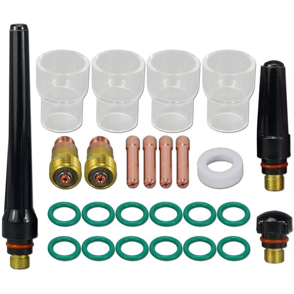 RIVERWELD TIG Stubby Gas Lens Collet Body 17GL116 10N23S(1.6mm) Insulated Class Cup #12 20mm TIG Gas Lens Insulator 17GLG20 TIG Back Cap 57Y02 Kit for DB SR WP 17 18 26 TIG Welding Torch 26pcs