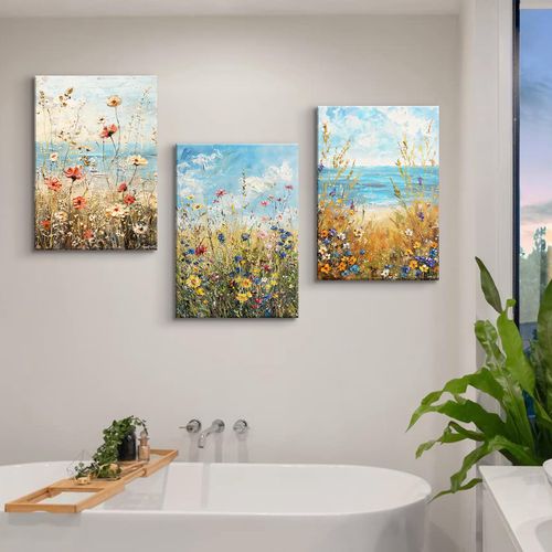 BHSUUHIT 3 Pcs Beach Flower Wall Art Ocean Flower Canvas Wall Decor Coastal Wildflower Posters PrintsWatercolors Wildflowers Pictures Printing for Home Bedroom Bathroom Ready to Hang(16x24in Canvas)