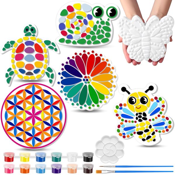 PullCrease 6 Pack Paint Your Own Plaster Stones Kids Arts and Crafts Painting Kit DIY Ceramic to Paint Craft Valentines Children Pottery to Paint Garden Outdoor Art Gifts Paint Set for Kids Ages 4-12