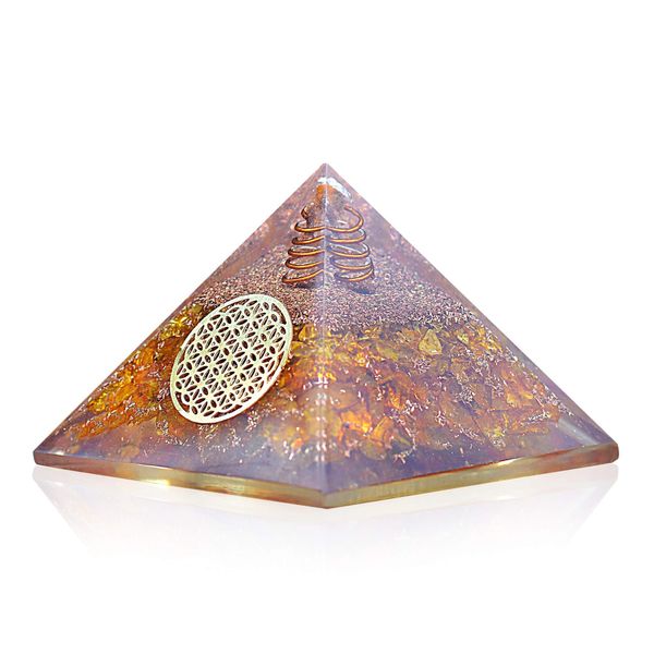 Orgonite Crystal Citrine Flower of Life Orgone Pyramid for Wealth and Success – Merchant’s Stone for Comfort and Positive Energy - Crystal Carries Power Of Sun - Handmade In India