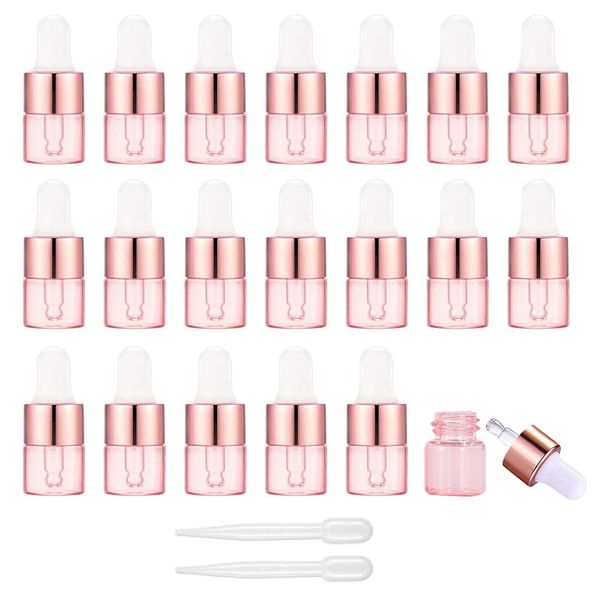 Alledomain 20Pcs, 1Ml Rose Gold Glass Sample Dropper Bottles, Empty Mini Bottles with Dropper Pipettes Aluminum Alloy Cap Refillable Sample Containers for Essential Oils Perfume Aromatherapy