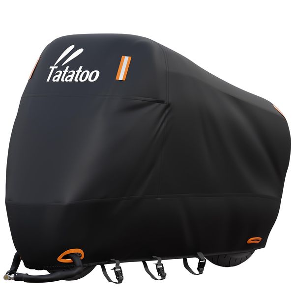 Tatatoo Motorcycle Cover (2023 Version & 3 Fastening Belts) Thick, Weatherproof, Waterproof, UV Protection, Wind Prevention, Anti-Theft, Draping, Double Sewing, Tear-Resistant, Buckle Front, Middle and Back, Locking Holes, Storage Bag Included, Universal 