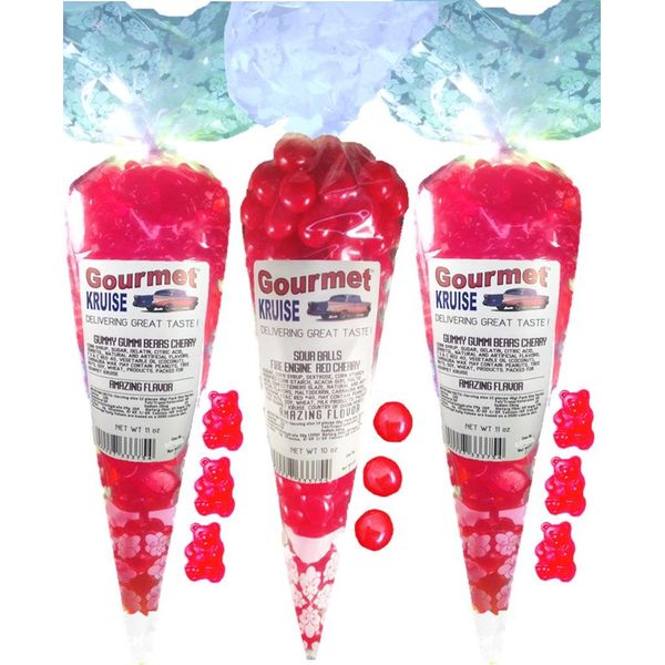 Red Gummy Bears (2) Wild Cherry (1) Sour Cherry Balls Fire Engine Red (NET WT 32 OZ) Gourmet Kruise Signature Gift Bags Gummi And Chewy Candy