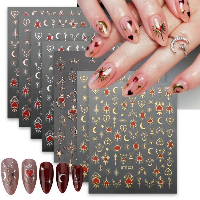 8 Sheets Gold Sun Star Nail Art Stickers Bronzing Moon Nail Decals 3D Self-Adhesive Red Heart Nail Stickers Exquisite Glitter Rose Gold Silver Star Moon Design Women Girls for DIY Nail Decorations