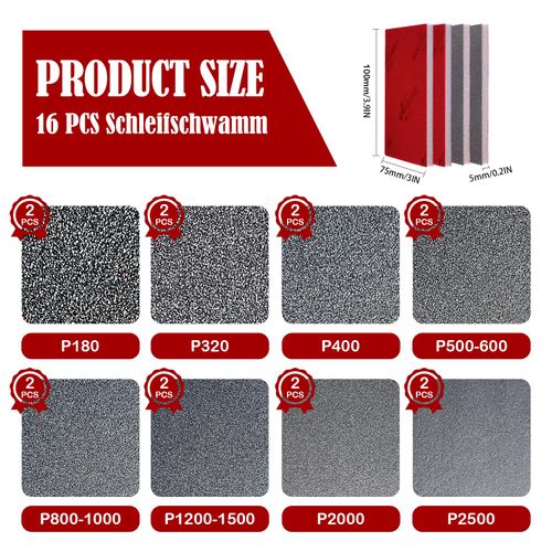 Pack of 16 Sanding Sponge, 180-2500 Grit Sanding Block, Soft Foam Sand Block Wet Dry Sandpaper for Model Drywall Metal Wood Furniture Polishing