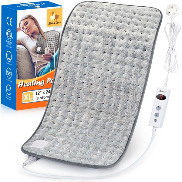 Electric Heating Pad for Back Neck Shoulders, Heat Pad with Auto Shut Off in 90 min, 10 Heat Level Settings, Fast Heated Pad 100% Soft Comfortable Polyester, Machine Washable 12"x24" (30x60cm) Grey