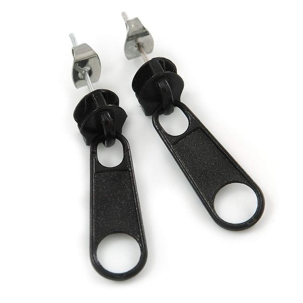 Black Coloured Metal Zipper Stud Earrings/25mm Long