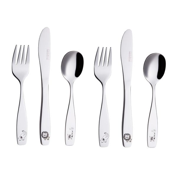 Exzact Children's Cutlery 6pcs Stainless Steel 18/10 Kids Cutlery - 2 x Forks, 2 x Safe Dinner Knives, 2 x Dinner Spoons - Safari -Giraffe Elephant Lion