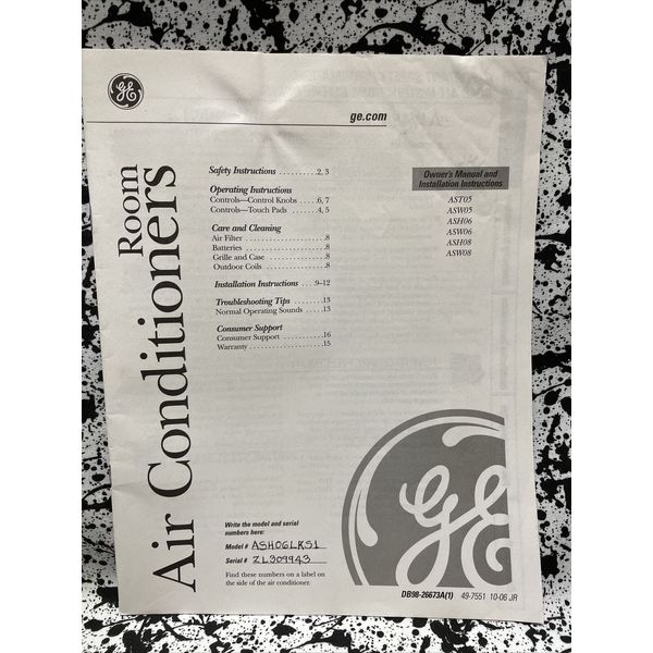 GE General Electric Appliances Air Conditioner ASH06LKS1 Owners Users Manual