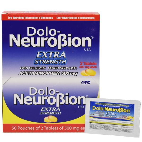 Neurobion Dolo Pain Reliever, Fever Reducer, Extra Strength, Fuerte, Alivia el Dolor, Reduce la Fiebre Dispenser 50 x 2 Tablets