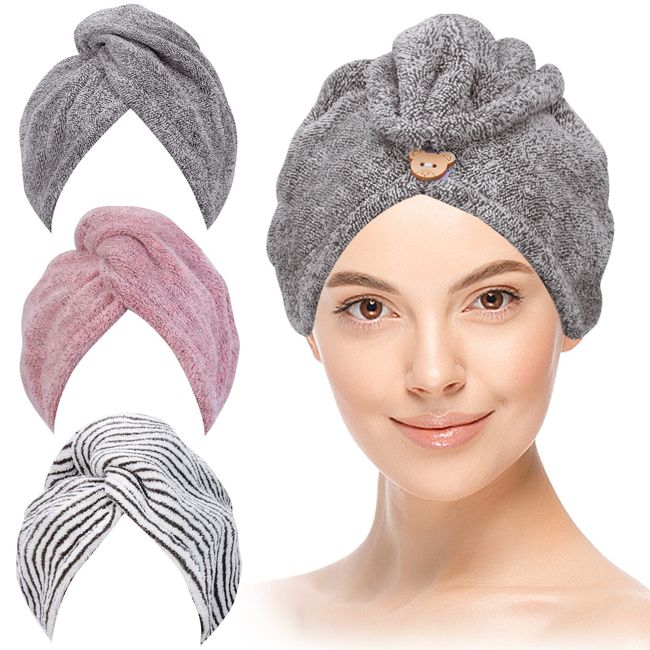 3 Pack Microfiber Hair Towel,Hair Towel Wrap for Women,Quick Dry Hair Turban for Wet Hair,Super Absorbent Hair Drying Towel with Button,Anti Frizz Hair Towel for Drying Curly, Long & Thick Hair