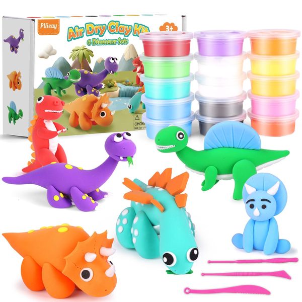 Pllieay 6 Pack Dinosaur Air Dry Clay Kit, Modeling Clay for Kids, DIY Model Magic Clay, Molding Clay Kit with Sculpting Tools, Non-Sticky Soft and Super Light, Arts and Crafts Gift for Kids (Dinosaur)