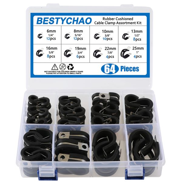 BESTYCHAO 64pcs Rubber Lined P Clips Assortment Kit, 304 Stainless Steel Rubber Cushion Pipe Clamps in 8 Sizes 6mm 8mm 10mm 13mm 16mm 19mm 22mm 25mm