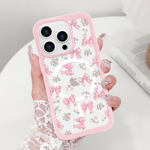 LCHULLE Magnetic for iPhone 15 Pro Max Case Cute Pink Bows [Compatible with Magsafe] Clear Ribbon Bowknot Pattern for Women Girls Hard Back Cover Shockproof Phone Case for iPhone 15 Pro Max, Rose Bows