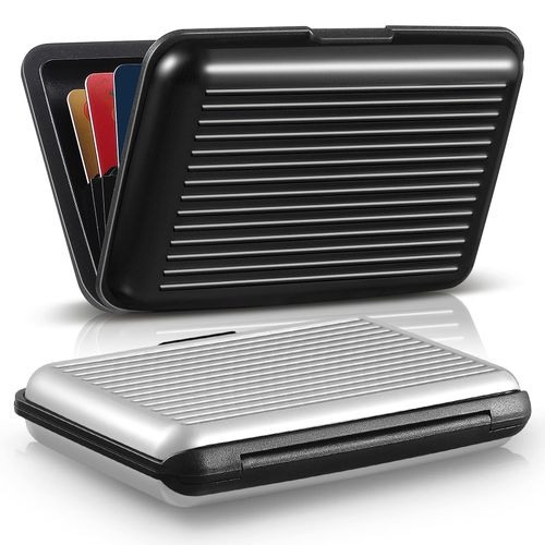 2 Pieces Credit Card Holder Slim Mini RFID Blocking Credit Card Protector Aluminum Business Card Case Metal ID Organizer Wallet with 7 Slots for Women Men (Black, Silver)