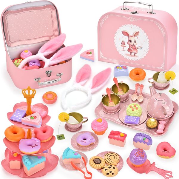 Lajeje 50Pcs Bunny Tea Party Set for Little Girls, Pretend Tin Teapot Set, Princess Tea Time Play Kitchen Toy with Cups, Plates and Carrying Case for Birthday Easter Gifts Kids Toddlers Age 3 4 5 6