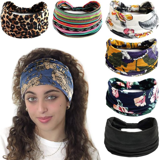 6er-Pack breite Boho-Stirnbänder für Frauen, geknotetes Stretch-Turban-Haarband, elastischer Yoga-Kopfwickel für Laufsport