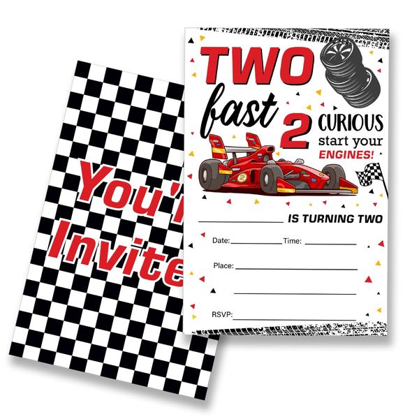 EUDOSI Two Fast Birthday Party Invitations Supplies Fill-In Set of 20 with Envelopes Two Fast Boy Race Car 2nd Birthday Bash Invites Cards, Double Sided