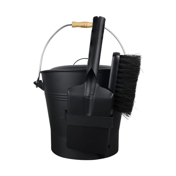 Black Ash Bucket With Lid Complete Fireplace Tools Set Includes Pail Shovel & Br