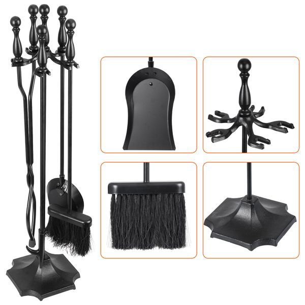 5 PCS Fireplace Tools Set Iron Accessories Fire Poker, Brush, Shovel, Tong Home