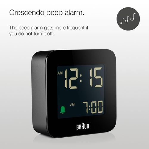 Braun Digital Travel Alarm Clock Snooze Function Compact Size Negative LC Display Quick Setting Crescendo Alarm Black BC08B