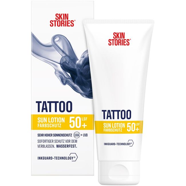 SKIN STORIES Sun Lotion LSF 50+ (100 ml), Tattoo-Farbschutz Sonnencreme mit InkGuard-Technology®, sehr hoher Tattoo Sonnenschutz mit Panthenol und Vitamin E gegen das Verblassen von Tattoo-Farben