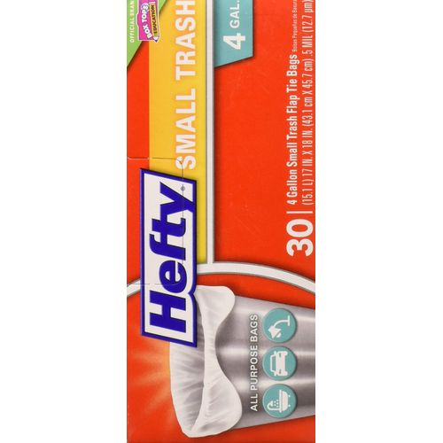 Hefty Small Trash Flap Tie Bag, 4 Gal Capacity, Gray, 30 Count