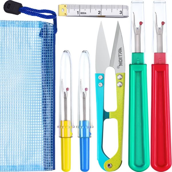 Sewing Seam Ripper Kit, 4 Pieces Thread Seam Remover Stitch Unpicker Thread Cutter Tool with Trimming Scissor, Soft Tape Measure and Storage Bag for Sewing